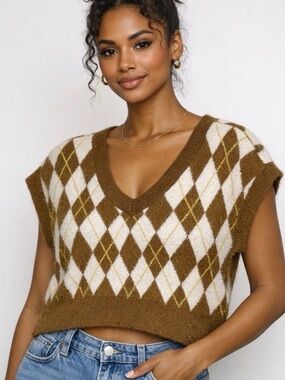 Free People Medium Through the Motions Argyle Sweater Vest ~ Relaxed Y2K Preppy